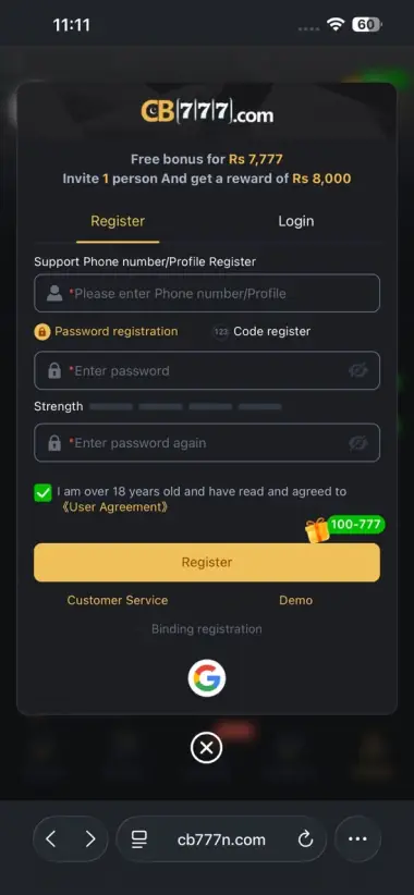 CB777 Game account registration modal with password strength