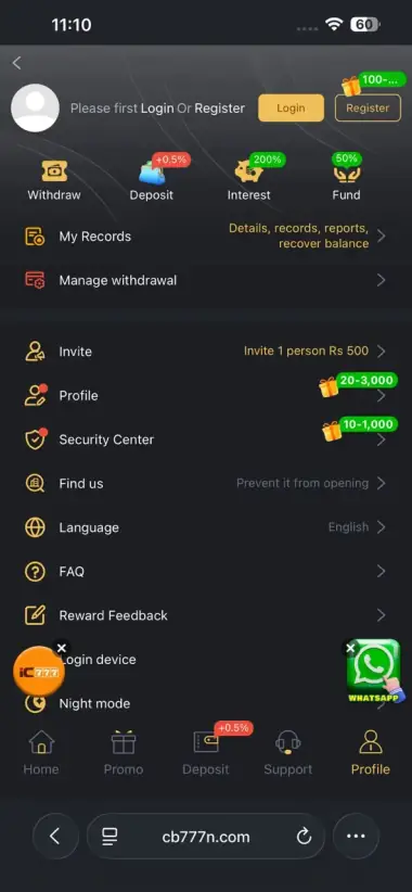 CB777 Game profile menu showing Deposit, Withdraw, and Security Center